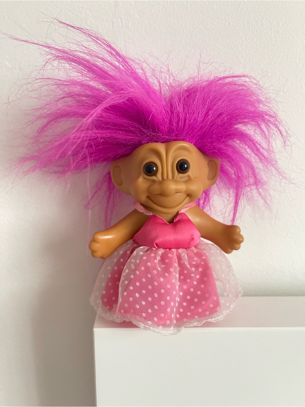 Vintage Trolls Doll with Bright Pink Hair and Pink Polka Dot Dress